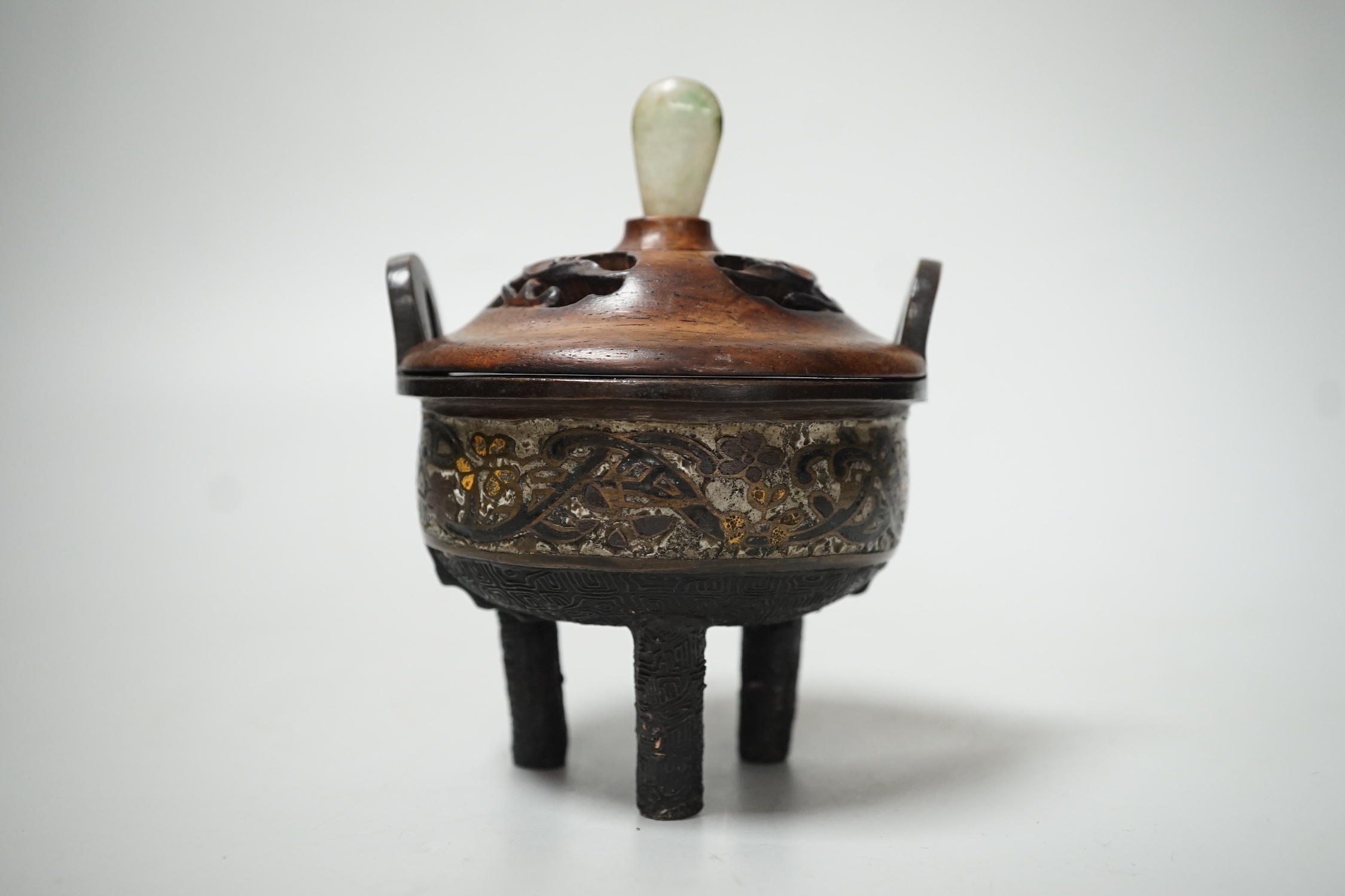 A Chinese or Japanese champleve enamel censer, wood cover, late 19th century, 12cm